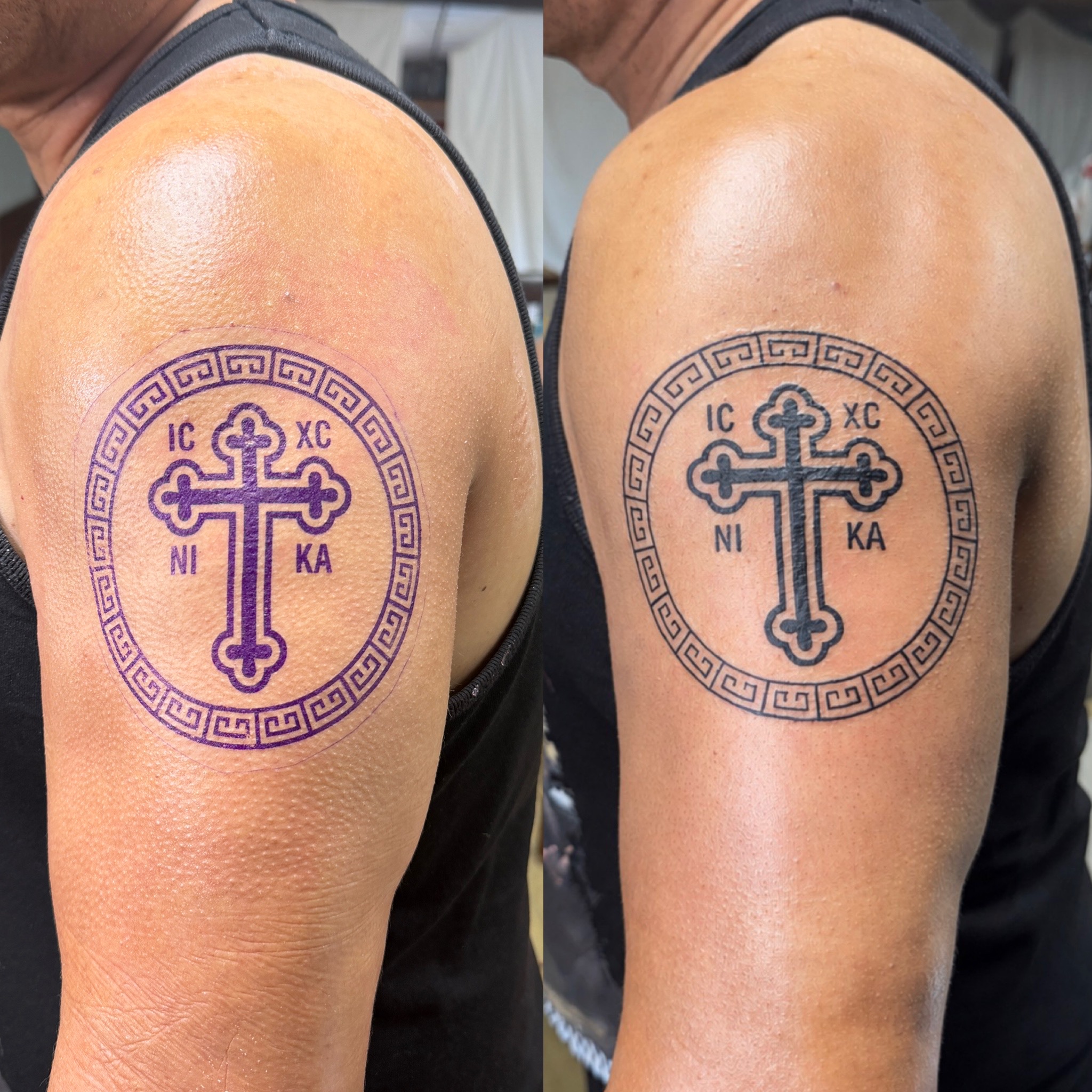 Side-by-side views of a cross within a Greek-key border: purple stencil on the left and completed tattoo on the right. Tattoo work by Joseph Rojas.