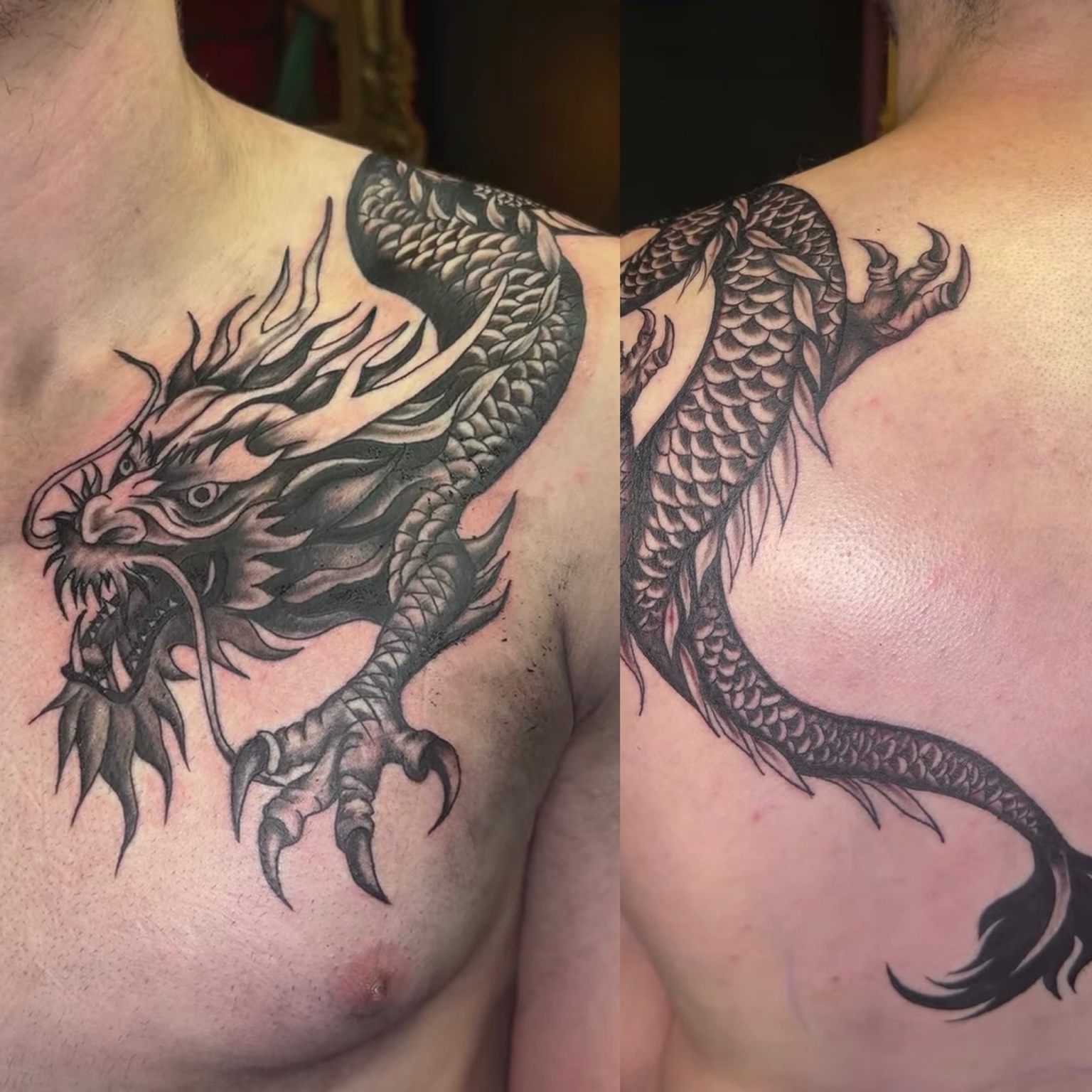 Two views of a black-and-gray dragon wrapping across the chest and shoulder. Tattoo work by Joseph Rojas.