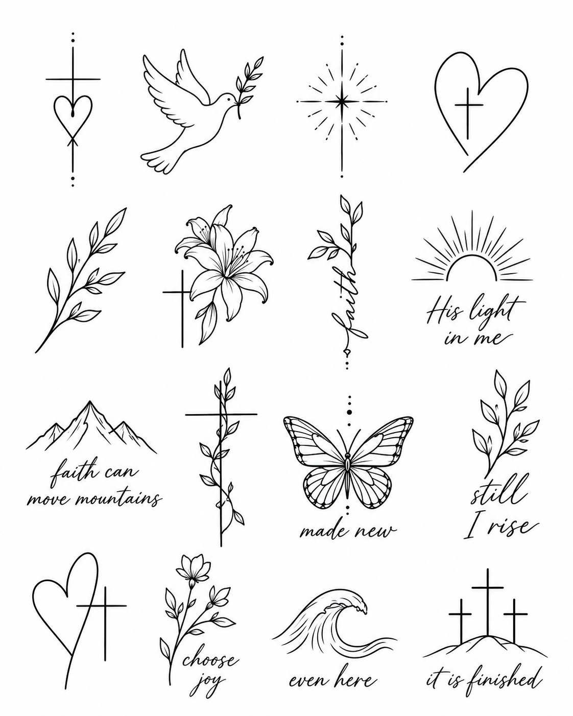 Faith illustrations — I — Cross with heart, Dove with olive branch, Radiant star, Heart with cross, Olive branch, Lily and cross, Faith vine, His light in me — sunrise, Faith can move mountains, Vine-wrapped cross, Made new — butterfly, Still I rise — leafy sprig, Open heart and cross, Choose joy — flower, Even here — wave, It is finished — three crosses