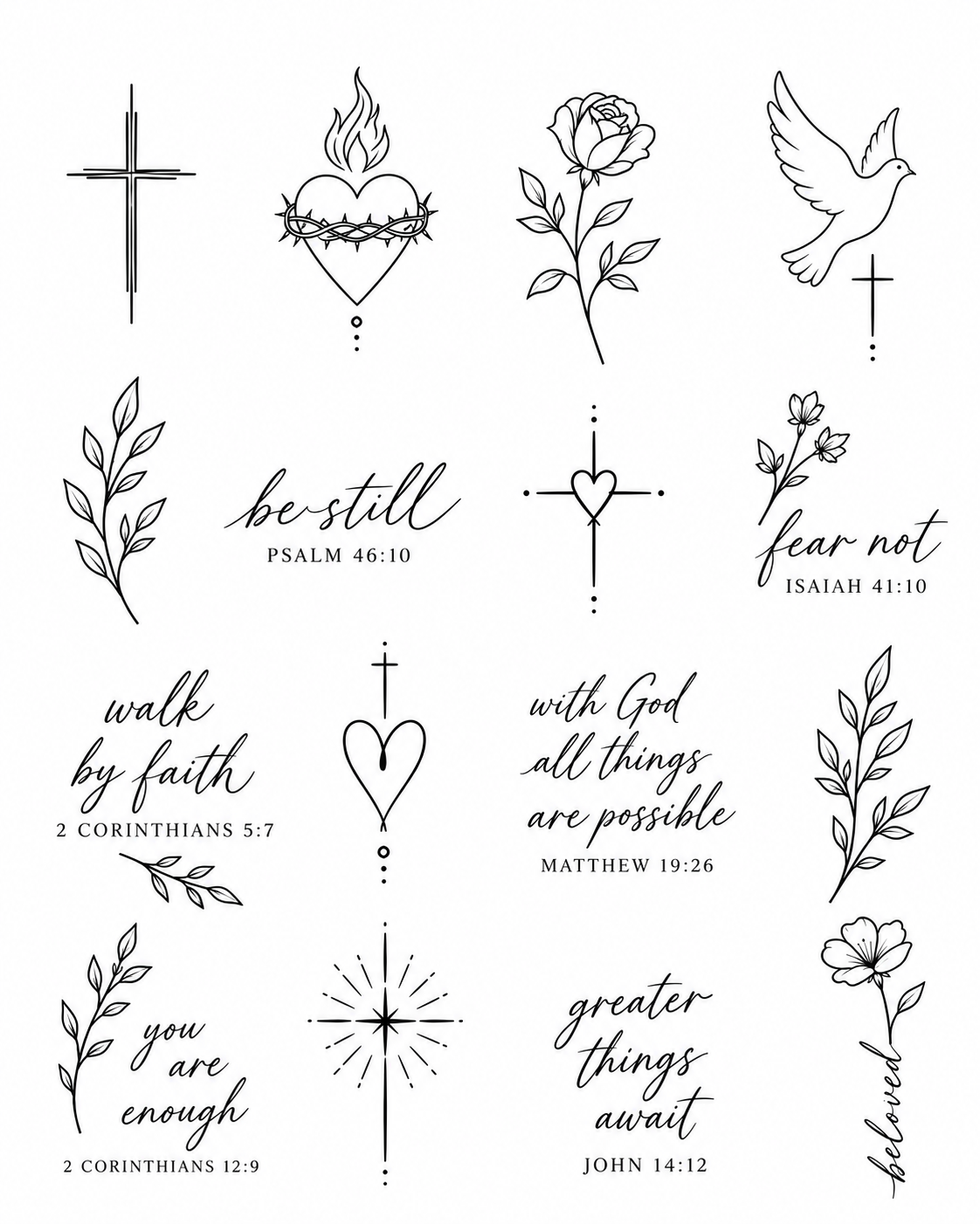Faith illustrations — II — Layered cross, Sacred heart, Rose, Dove and cross, Leafy branch, Be still — Psalm 46:10, Heart-centered cross, Fear not — Isaiah 41:10, Walk by faith — 2 Corinthians 5:7, Heart beneath cross, With God all things are possible — Matthew 19:26, Tall leafy stem, You are enough — 2 Corinthians 12:9, Radiant star, Greater things await — John 14:12, Beloved — flower