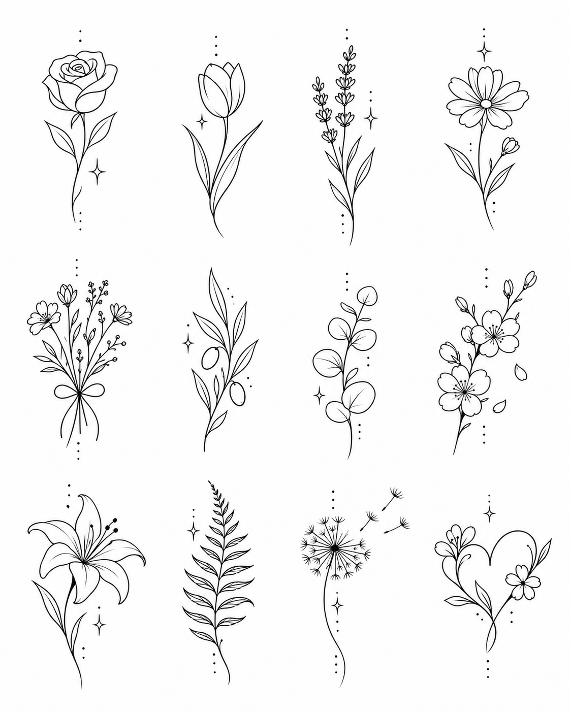 Botanicals — Rose, Tulip, Lavender, Daisy stem, Wildflower bouquet, Olive branch, Eucalyptus, Cherry blossoms, Lily, Fern, Dandelion, Floral heart