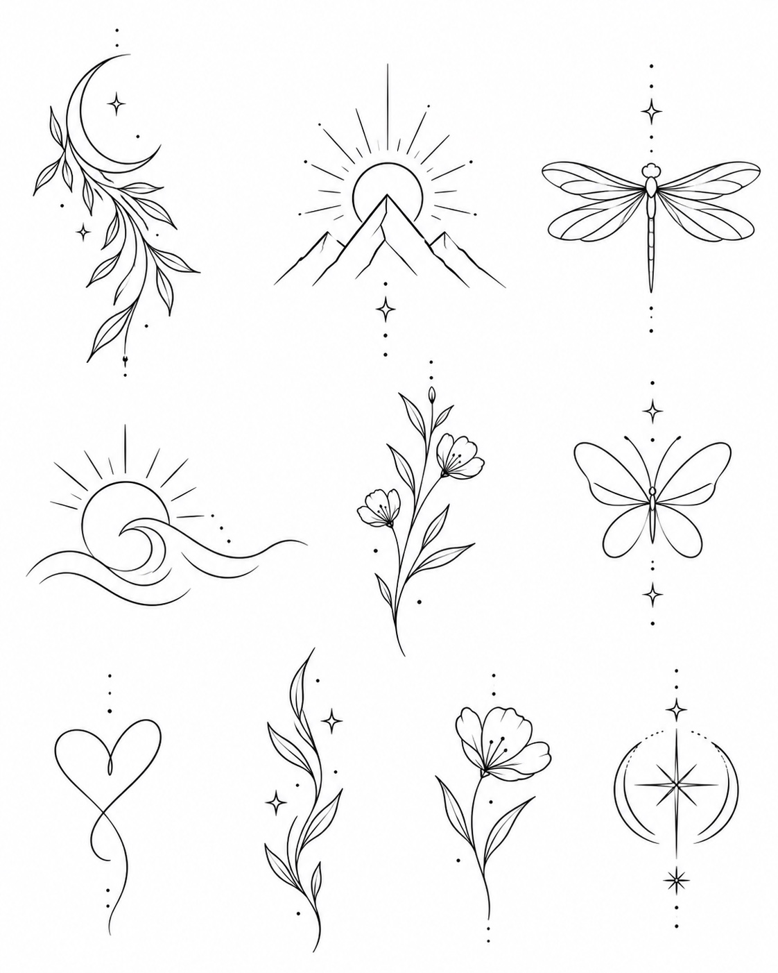 Nature — Leafy crescent, Mountains & sun, Dragonfly, Wave & sun, Two-flower stem, Butterfly, Flowing heart, Leafy stem, Single flower, Star & crescents