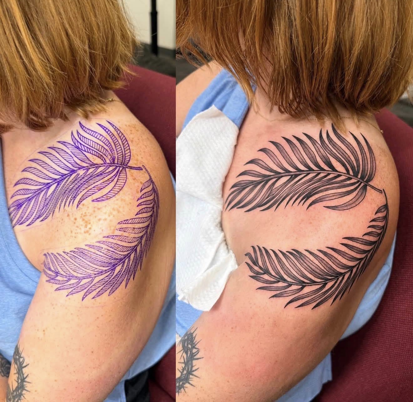 Side-by-side views of the shoulder piece: purple stencil on the left and finished black-and-gray feather tattoo on the right