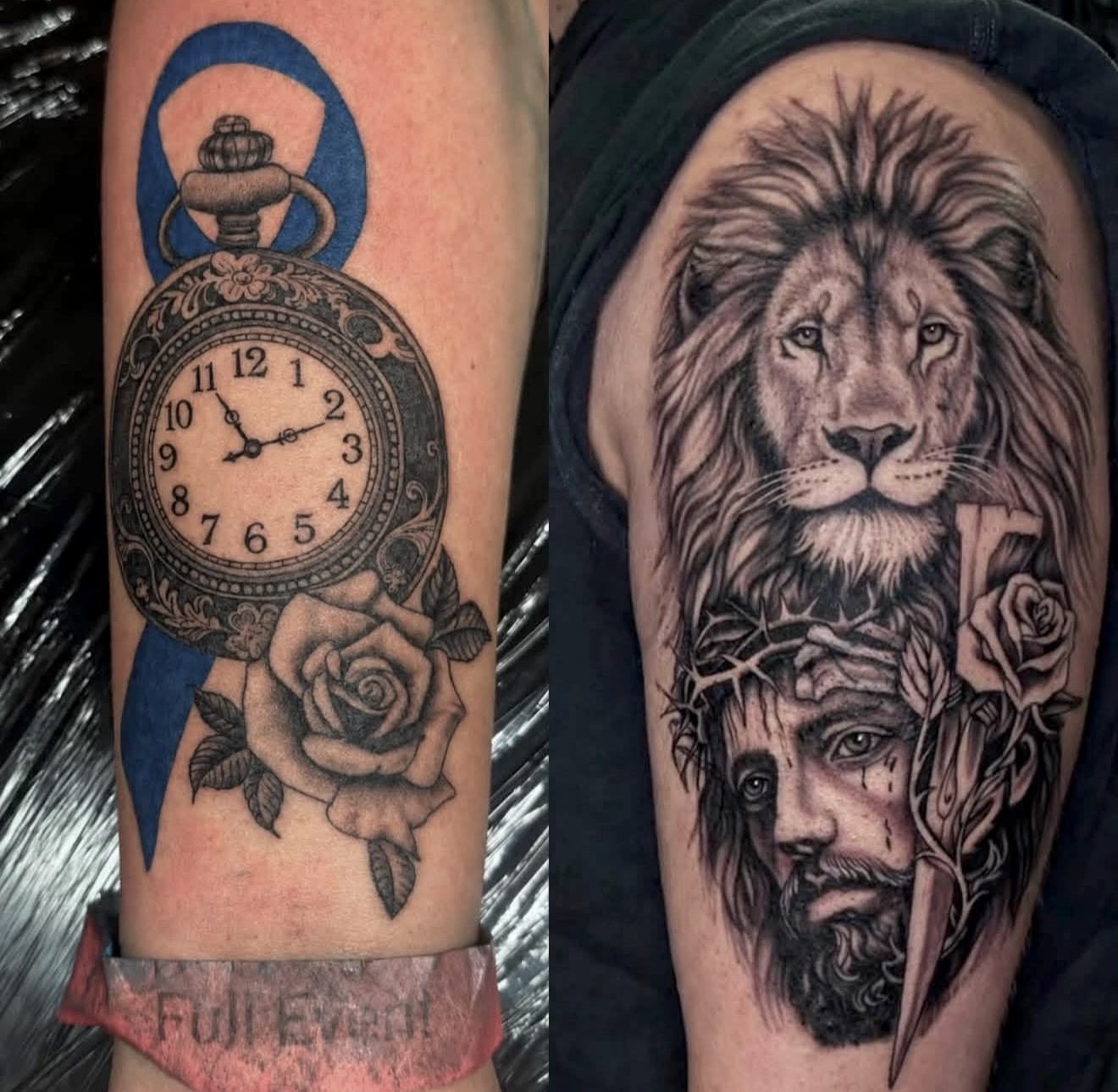 Side-by-side tattoo photographs: an ornate pocket watch with a rose and blue ribbon, and a lion above a portrait of Jesus with a rose