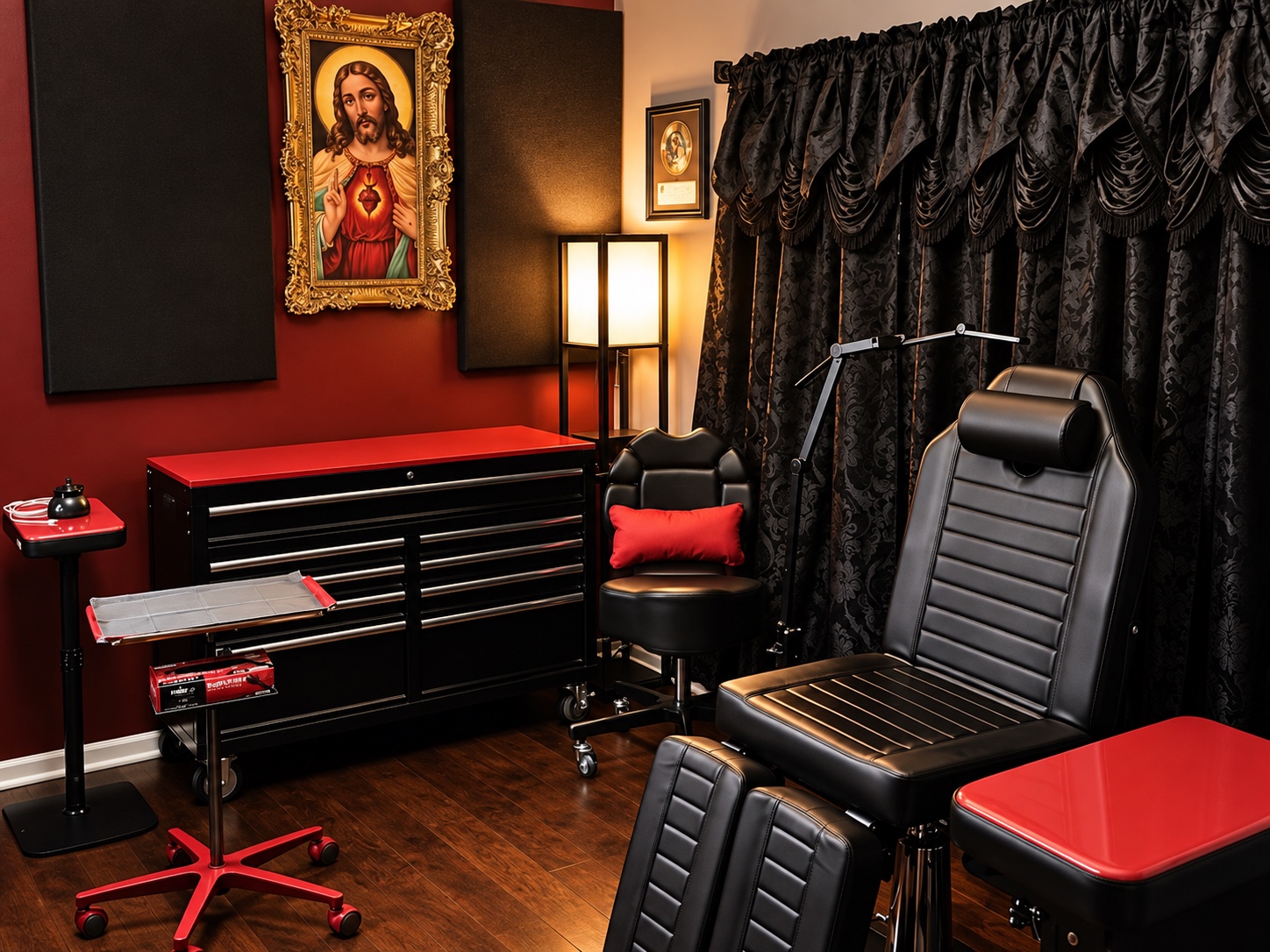 Joseph Rojas’s private studio with deep red walls, black curtains, a black tattoo chair and a red-and-black workstation