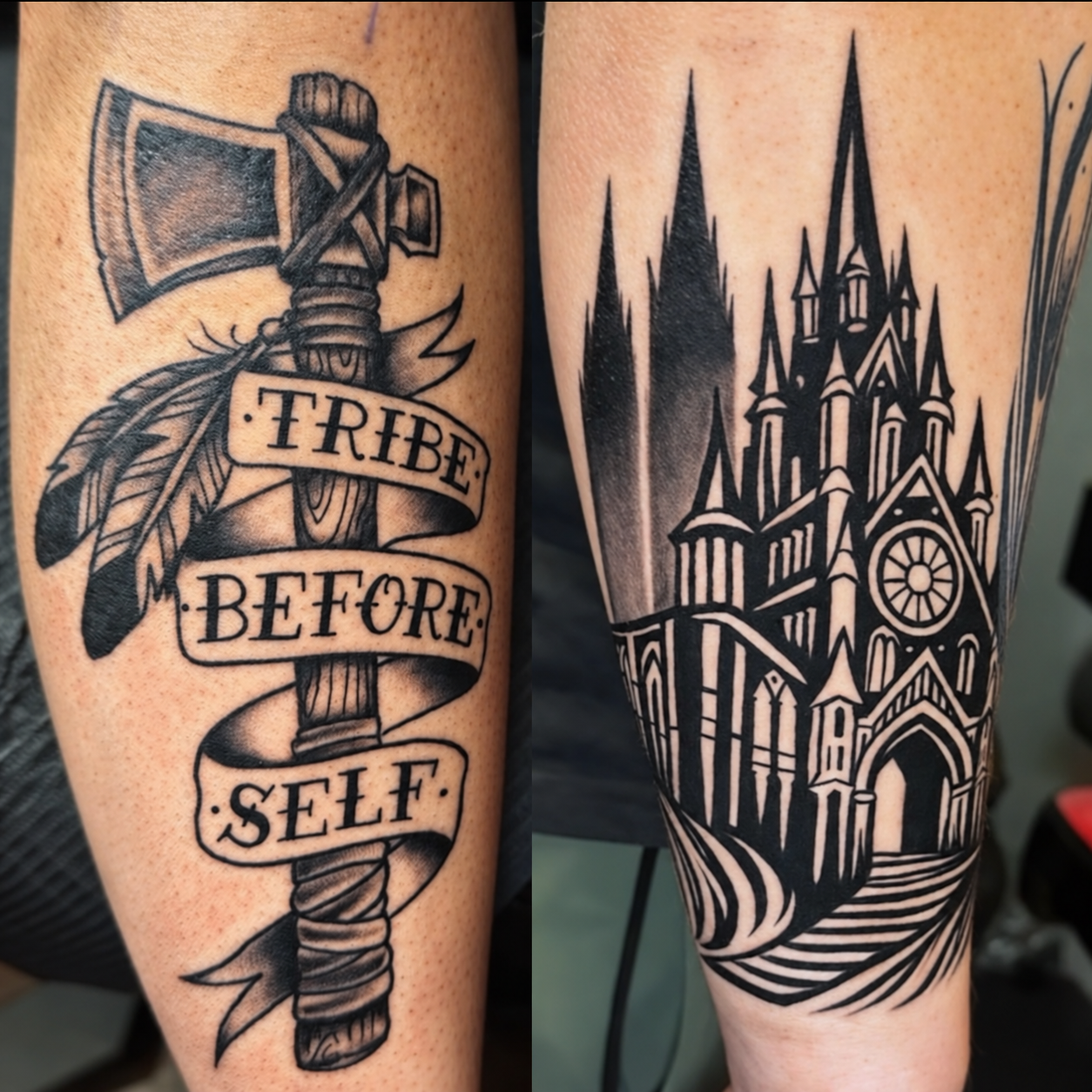 A tomahawk with feathers and a “Tribe Before Self” banner alongside a bold blackwork cathedral. Tattoo work by Joseph Rojas.